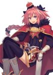  :d astolfo_(fate) bangs black_bow black_legwear black_shirt black_skirt boots bow braid buckle cloak commentary_request crown emblem fang fate/apocrypha fate_(series) faulds from_side fur-trimmed_cloak fur_collar garter_straps gauntlets gold_trim gorget grey_footwear hair_bow hair_intakes hand_on_own_knee highres knee_boots knees_up long_hair long_sleeves looking_at_viewer looking_to_the_side male_focus mini_crown miniskirt multicolored_hair open_mouth otoko_no_ko parted_bangs peroncho pink_hair puffy_long_sleeves puffy_sleeves purple_eyes red_cloak shirt simple_background single_braid skirt smile solo streaked_hair sword thighhighs tilted_headwear turtleneck two-tone_hair weapon white_background white_hair 