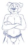  anthro bulge canine cheek_tuft clothed clothing crossed_arms dog eyebrows floppy_ears front_view full-length_portrait fur greyscale half-closed_eyes jockstrap line_art looking_aside male mammal monochrome navel portrait raised_eyebrow rotten_robbie rottweiler simple_background solo standing topless tuft underwear unfinished white_background 