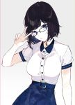  belt black_hair blue_eyes bob_cut breasts collared_shirt commentary glasses kayahara looking_at_viewer medium_breasts original shirt short_hair skirt solo w 