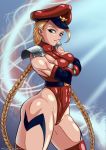  1girl artist_request blonde_hair blue_eyes braid breasts cammy_white capcom closed_mouth cosplay curvy female gloves hat large_breasts leotard long_hair muscle muscular_female no_bra pauldrons red_gloves red_hat red_leotard sideboob skull solo street_fighter twin_braids vega vega_(cosplay) white_background 