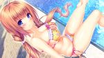  bangs bikini blue_eyes blunt_bangs blush breasts brown_hair eyebrows_visible_through_hair large_breasts long_hair looking_at_viewer naomi_(tropical_liquor) pout sayori shiny shiny_skin sitting swimsuit tropical_liquor twintails 