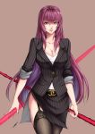  absurdres alternate_costume belt belt_buckle breasts buckle business_suit chanel cleavage collarbone collared_shirt commentary cowboy_shot dress_shirt eyebrows_visible_through_hair fate/grand_order fate_(series) formal gae_bolg garter_straps hair_intakes highres holding holding_weapon large_breasts long_hair looking_at_viewer office_lady polearm purple_hair red_eyes scathach_(fate)_(all) scathach_(fate/grand_order) shirt skirt skirt_suit sleeves_rolled_up solo spear suit thighhighs thighs weapon xiao_gen 