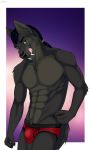  2018 5_fingers abs anthro athletic black_fur black_nose body_hair bulge canine chest_hair cinta clothed clothing fangs fur grey_fur licking licking_lips looking_at_viewer male mammal multicolored_fur muscular muscular_male ponytail purple_background sabertooth_(feature) sharp_teeth simple_background smile solo standing teeth tongue tongue_out topless two_tone_fur underwear white_eyes wolf 
