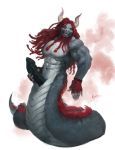  beard braided_hair dreadlocks erection facial_hair goroguro grin hair holding_penis horn knux_(maestroknux) muscular naga penis reptile scalie smile snake solo 