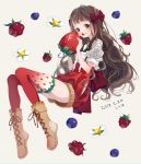  artist_name bad_id bad_pixiv_id bangs black_eyes blueberry boots bow brown_footwear brown_hair commentary_request cross-laced_footwear dated eating flower food food_on_face food_print food_themed_clothes frilled_legwear fruit grey_background hair_bow high-waist_shorts highres hip_vent holding holding_food holding_fruit lace-up_boots long_hair looking_at_viewer maroon_bow original print_legwear raspberry sash shiraho_(color-56) short_sleeves shorts simple_background solo strawberry strawberry_print thighhighs wavy_hair 