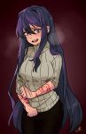  1girl bleeding blood blush breasts doki_doki_literature_club hair_between_eyes heavy_breathing kokomi_(aniesuakkaman) large_breasts long_hair long_sleeves open_mouth purple_eyes purple_hair sweater wrist_cutting yuri_(doki_doki_literature_club) 