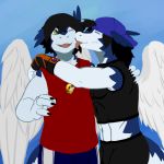  anthro clei clothing dragon duo feathered_wings feathers hug licking male nameless00 smile tongue tongue_out windragon wings 