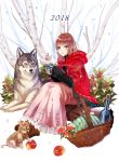  2018 apple basket blush bottle brown_hair eyebrows_visible_through_hair flower food fruit green_eyes kirinosuke log looking_at_viewer medium_hair original parted_lips pink_skirt sitting skirt smile wine_bottle wolf 