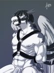  angry anthro bdsm black_hair black_sclera bondage bound dragon feathered_wings feathers flaccid hair harness leini long_hair male muscular muscular_male nameless00 nipples penis solo windragon wings 