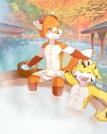  anthro blue_eyes brown_fur canine cat cub cute_fangs duo feline fish fox fur hybrid male mammal marine open_mouth shark sharparadise sitting steam towel water wet white_fur yellow_fur young 