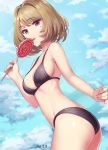  ass bikini black_bikini blue_eyes breasts candy cleavage cloud commentary day food green_eyes heterochromia idolmaster idolmaster_cinderella_girls licking lollipop looking_at_viewer looking_back medium_breasts meto31 mole mole_under_eye short_hair sideboob sky solo swimsuit takagaki_kaede tongue tongue_out 