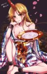  alcohol bare_legs bare_shoulders barefoot blonde_hair breasts chain cleavage closed_mouth collarbone commentary_request cuffs cup dated earrings floral_print food highres hoshiguma_yuugi hoshiguma_yuugi_(promo) ice_(aitsugai) jewelry knee_up long_hair looking_at_viewer medium_breasts petals sakazuki sake sash shackles sitting smile solo touhou twitter_username very_long_hair wagashi yellow_eyes 