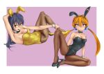  2girls agent_aika alisa_southerncross alternate_costume animal_ears bangs bare_arms bare_shoulders black_footwear black_leotard blue_hair bow bowtie breasts brown_eyes bunny_ears bunny_girl bunny_tail bunnysuit cleavage crossover crotch delmo detached_collar eyebrows eyebrows_visible_through_hair fake_animal_ears female golden_delmo hair_bobbles hair_ornament hairband high_heels keroro_gunsou leg_up leotard long_hair looking_at_viewer low_twintails medium_breasts multiple_girls nebula_(keroro) open_mouth orange_hair pantyhose petoriyacowa_rie pink_eyes pixiv simple_background skin_tight spread_legs strapless strapless_leotard thighs tsukasa_(srs-z750) very_long_hair wrist_cuffs yellow_footwear yellow_leotard 