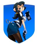  2018 5_fingers anthro badge breasts butt_pose clothing digital_media_(artwork) female gloves gun hair half-closed_eyes handcuffs handgun jacket legwear long_hair looking_at_viewer minus8 open_mouth police ponytail pose ranged_weapon revolver shackles simple_background skirt solo standing thigh_highs unknown_species weapon 