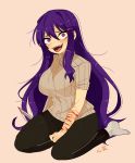  1girl bleeding blood blush breasts crazy_eyes crazy_smile doki_doki_literature_club hair_between_eyes hair_ornament hairclip knife kokomi_(aniesuakkaman) large_breasts long_hair long_sleeves open_mouth purple_eyes purple_hair sweater wrist_cutting yandere yuri_(doki_doki_literature_club) 