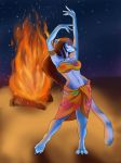  2016 3_toes 5_fingers anal anthro armband barefoot big_breasts biped blue_claws blue_nose blue_stripes blue_tail breasts brown_hair campfire claws cleavage clothed clothing dancing digital_drawing_(artwork) digital_media_(artwork) digitigrade ears_back female fire front_view full-length_portrait hair hi_res jewelry leaning lighting long_hair long_tail looking_away mammal midriff navel necklace night olingo oral portrait pose procyonid purple_eyes raised_arm rimming sex shadow skirt sky smile snout solo spottedtigress standing star starry_sky striped_body striped_tail stripes sylvia_(vacationista) toe_claws toes 
