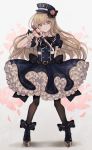  abandon_ranka belt black_legwear blonde_hair blue_eyes boots bow cross-laced_footwear dress flower frills hair_bow hat heart highres lace-up_boots long_hair male_focus midare_toushirou otoko_no_ko pantyhose petticoat sash smile tantou touken_ranbu weapon 