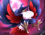  2018 avian beak big_breasts breasts busty_feral digital_media_(artwork) feathered_wings feathers female feral honchkrow leonkatlovre nintendo non-mammal_breasts open_beak open_mouth pok&eacute;mon pok&eacute;mon_(species) solo talons video_games wings yellow_beak 