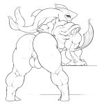  anus backsack balls bent_over big_butt butt fish_humanoid greyscale humanoid hybrid looking_back male monochrome mr_canvas muscular muscular_male nude sidon solo standing thick_thighs 