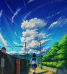 arms_at_sides black_hair blue_legwear blue_sky bus_stop cloud day facing_away feet_out_of_frame fence highres japanese_cylindrical_postbox kneehighs kyarage_(soda) original outdoors pleated_skirt postbox_(outgoing_mail) power_lines road_sign rural scenery school_uniform serafuku short_sleeves sign skirt sky solo standing summer wooden_fence 