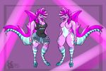  black_sclera cannibalharpy clothed clothing dinosaur female hair invalid_tag kyuuru long_tail looking_at_viewer nude pink_eyes pink_hair solo spinosaurus theropod vaporwave villainous 