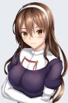  ashigara_(kantai_collection) bad_id bad_pixiv_id blush breasts brown_eyes brown_hair crossed_arms elbow_gloves gloves grey_background hairband kantai_collection large_breasts looking_at_viewer solo tapisuke 