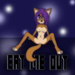  2017 anthro bedroom_eyes blue_eyes breasts brown_fur canine chi-chi digital_media_(artwork) featureless_breasts featureless_crotch female fur hair half-closed_eyes looking_at_viewer mammal metalia multicolored_fur naughty_face navel nude presenting purple_hair seductive simple_background sitting smile smirk solo spread_legs spreading text two_tone_fur wolf 