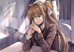  bangs blazer bow brown_hair chair classroom closed_mouth collared_shirt commentary curtains day desk doki_doki_literature_club elbows_on_table green_eyes grey_jacket hair_bow hands_clasped indoors jacket light_particles light_rays long_hair long_sleeves looking_at_viewer looking_to_the_side monika_(doki_doki_literature_club) own_hands_together ponytail ribbon school school_chair school_desk school_uniform shirt sidelocks sitting smile solo sunlight upper_body white_bow white_ribbon white_shirt window wing_collar ysmmzr 