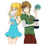  1boy 1girl absurdres adapted_costume alternate_costume aqua_dress archymedius bare_arms bare_legs bare_shoulders blonde_hair blue_eyes bottle brown_hair brown_pants clenched_teeth dress earrings elf fairy green_shirt grin hand_up highres holding holding_bottle jewelry legs link long_hair long_sleeves looking_at_another metroid metroid_(creature) neck nintendo open_mouth pants pointy_ears ponytail samus_aran shirt short_dress short_hair short_sleeves side-by-side simple_background sleeveless sleeveless_dress smile standing super_smash_bros. teeth the_legend_of_zelda the_legend_of_zelda:_twilight_princess white_background 