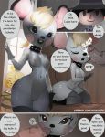  2018 animal_crossing anthro bella_(animal_crossing) breasts canine clothed clothing dog female human isabelle_(animal_crossing) male mammal mouse nintendo oxocrudo penis rodent text video_games 