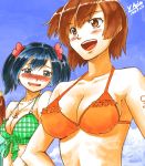  2girls :d alternate_costume aqua_eyes arimura_yuu bare_arms bare_shoulders bikini blue_hair blush breasts brown_eyes brown_hair cleavage cloud day eyebrows_visible_through_hair female green_bikini green_swimsuit hiryuu_(kantai_collection) jewelry kantai_collection looking_at_another looking_at_breasts medium_breasts multiple_girls neck nose_blush open_mouth orange_bikini orange_swimsuit outdoors pendant plaid plaid_bikini plaid_swimsuit round_teeth short_hair side-by-side sky smile souryuu_(kantai_collection) swimsuit tattoo teeth twintails upper_body upper_teeth yuri 