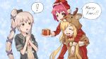  3girls abukuma_(kantai_collection) animal_costume antlers blonde_hair blue_background blush carrying christmas closed_eyes commentary english gift grey_sailor_collar hands_together hat highres kantai_collection kinu_(kantai_collection) long_hair merry_christmas multiple_girls nakano_kiho piggyback purple_eyes red_hair reindeer_antlers reindeer_costume remodel_(kantai_collection) sailor_collar santa_costume santa_hat school_uniform serafuku short_hair spoken_exclamation_mark star starry_background very_long_hair yura_(kantai_collection) 