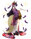  animal_ears black_feathers blush floral_print fox_ears fox_tail from_side full_body hair_ornament holding japanese_clothes kimono log_horizon long_hair looking_at_viewer mole mole_under_eye nureha obi off_shoulder official_art parted_lips purple_eyes purple_hair purple_kimono sash smile socks solo tail transparent_background very_long_hair white_legwear yukata 
