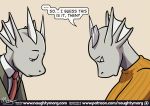  anthro brothers clothed clothing comic dialogue digital_media_(artwork) dragon english_text fin head_fin horn male naughtymorg necktie sad sibling suit text 