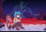  1girl ayanami_rei bangs black_border blue_hair blush boots border breath brown_footwear cat commentary_request earmuffs gondola_(meme) headgear looking_at_another neon_genesis_evangelion night night_sky ocean parted_lips ramenwarwok red_eyes ruins signature sitting sky snow star_(sky) starry_sky vaporwave winter 