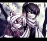  ann-jey cat duo feline female forest fur graveyard green_eyes grey_fur male mammal purple_eyes scared scarf tree winter 