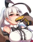  1girl at_gunpoint banana_print bangs bare_shoulders black_bow black_ribbon blush bow bowtie breasts brown_eyes buttons center_frills counter_strike:global_offensive eyebrows_visible_through_hair five-seven_(girls_frontline) five-seven_(gun) frilled_shirt_collar frills girls_frontline gun gun_in_mouth hair_ornament hair_ribbon half-closed_eyes handgun head_out_of_frame high_ponytail highres holding holding_gun holding_weapon large_breasts long_hair ponytail pov ribbon sexually_suggestive shirt shoulder_blush sidelocks silver_hair simple_background sleeveless sleeveless_shirt tears upper_body weapon white_background white_shirt yellowseeds 