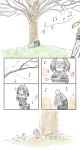  bare_tree bird_skull cassette_player comic grass grave grey_hair head_wings highres kemono_friends murakami_kou_(raye) music musical_note petals shoebill_(kemono_friends) silent_comic skull tree under_tree 