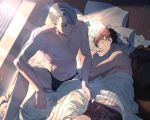  absurdres al_(ahr) bed black_hair blue_eyes boxers boxers_pull briefs closed_eyes dog eyewear_removed from_above glasses highres katsuki_yuuri lying makkachin male_focus male_underwear multiple_boys on_side pillow silver_hair sitting sleeping underwear underwear_only viktor_nikiforov yaoi yuri!!!_on_ice 