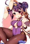  absurdres ahoge animal_ears azur_lane bangs bare_shoulders bell blush breasts brown_hair brown_legwear bunny_ears chiitamu cleavage commentary_request covered_navel double_bun eyebrows_visible_through_hair fingernails fur-trimmed_jacket fur_trim hair_between_eyes hairband highres jacket jingle_bell large_breasts leotard long_sleeves minigirl multiple_girls ning_hai_(azur_lane) off_shoulder pantyhose parted_lips ping_hai_(azur_lane) puffy_long_sleeves puffy_sleeves purple_eyes purple_hair purple_leotard red_eyes side_bun sitting upper_teeth white_hairband white_jacket 