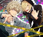  al_(ahr) animal_print bakugou_katsuki blazer blonde_hair boku_no_hero_academia caution_tape clenched_teeth crossover green_eyes hair_over_one_eye highres hood hoodie jacket leopard_print male_focus middle_finger multiple_boys red_eyes school_uniform teeth thumbs_down tongue tongue_out trait_connection u.a._school_uniform yuri!!!_on_ice yuri_plisetsky 