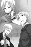 2boys ;) adjusting_clothes ayakura_juu bruise_on_face craft_lawrence eve_bolan from_below greyscale hand_on_neck indoors jacket lud_kiemann monochrome multiple_boys novel_illustration official_art one_eye_closed parted_lips shirt short_hair smile spice_and_wolf upper_body 