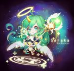  1girl alternate_costume alternate_eye_color alternate_hair_color alternate_hairstyle chibi fluffy_ears gloves green_hair horn league_of_legends long_hair smile solo soraka star_guardian_soraka thighhighs very_long_hair white_gloves white_legwear white_wings wings 