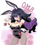 @_@ animal_ears bare_shoulders black_hair black_nails bow bowtie breasts bunny_ears bunny_tail bunnysuit commentary covered_nipples detached_collar fishnet_legwear fishnet_pantyhose fishnets hairband hex_maniac_(pokemon) large_breasts long_hair looking_at_viewer messy_hair nail_polish open_mouth pantyhose poke_ball pokemon pokemon_(game) pokemon_xy purple_eyes shaded_face solo tail takura_mahiro wrist_cuffs 