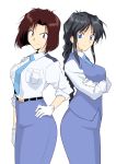  asymmetrical_bangs back-to-back bangs belt black_hair blue_eyes braid breast_pocket breasts brown_hair collared_shirt cowboy_shot crossed_arms gloves hand_on_hip harukon_(halcon) highres kobayakawa_miyuki large_breasts long_hair long_skirt long_sleeves looking_at_viewer multiple_girls necktie parted_bangs pocket police police_uniform policewoman purple_eyes shiny shiny_hair shirt short_hair sidelocks single_braid skirt sleeves_rolled_up smile tsujimoto_natsumi uniform vest white_gloves you're_under_arrest 