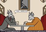  anthro brothers clothed clothing comic dialogue digital_media_(artwork) dragon english_text fin head_fin horn inflation male naughtymorg necktie overweight overweight_male restaurant sad sibling sitting suit text 