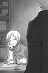  1girl ayakura_juu bruise_on_face cape craft_lawrence eve_bolan feathers greyscale head_rest indoors monochrome novel_illustration official_art paper parted_lips quill sitting smile spice_and_wolf standing upper_body 