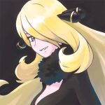  black_background black_dress blonde_hair commentary_request creatures_(company) dress fur_collar game_freak green_eyes grin hair_ornament hair_over_one_eye long_hair looking_at_viewer nintendo one_eye_covered pokemon pokemon_(game) pokemon_dppt reiesu_(reis) shirona_(pokemon) simple_background smile solo upper_body 