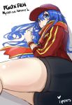  artoria_pendragon_(all) baseball_cap blue_eyes blue_hair blush cosplay fate/grand_order fate_(series) fire_emblem fire_emblem:_fuuin_no_tsurugi hat ippers jacket lilina long_hair looking_at_viewer mysterious_heroine_x mysterious_heroine_x_(cosplay) scarf shorts simple_background solo 