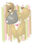  2017 anthro big_breasts black_nose breasts brown_eyes butt canine cheyenne_(inu-dono) clothed clothing coyote dipstick_tail eyewear female fur glasses hair hair_over_eye hi_res huge_breasts looking_at_viewer mammal multicolored_tail panties slightly_chubby smile spazzykoneko standing tan_fur tan_hair thick_thighs underwear voluptuous wide_hips 